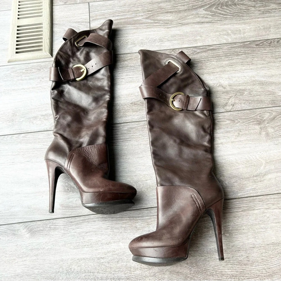 GUESS by Marciano Brown Buttery Leather Platform Heeled Knee High Boots - Picture 1 of 16